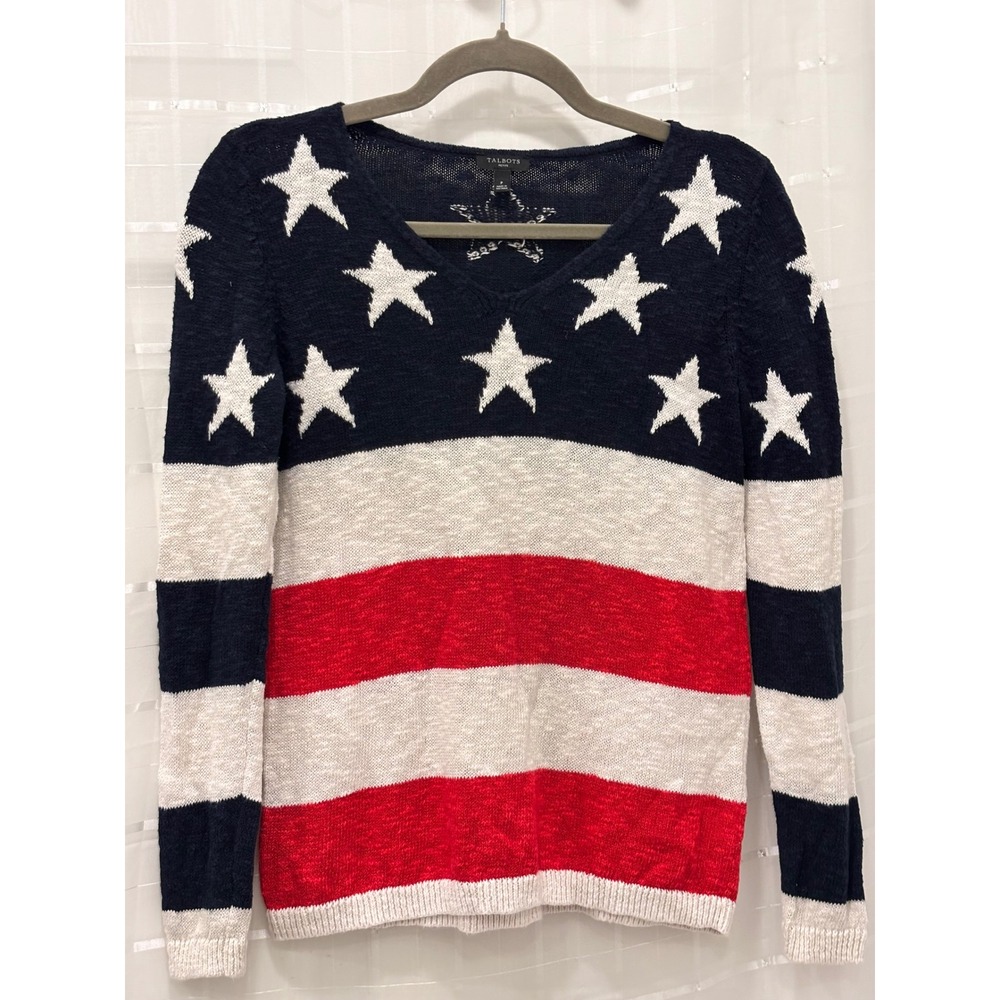 Talbots Petite Stars and Stripes V-Neck Sweater Linen Cotton Americana Navy Red